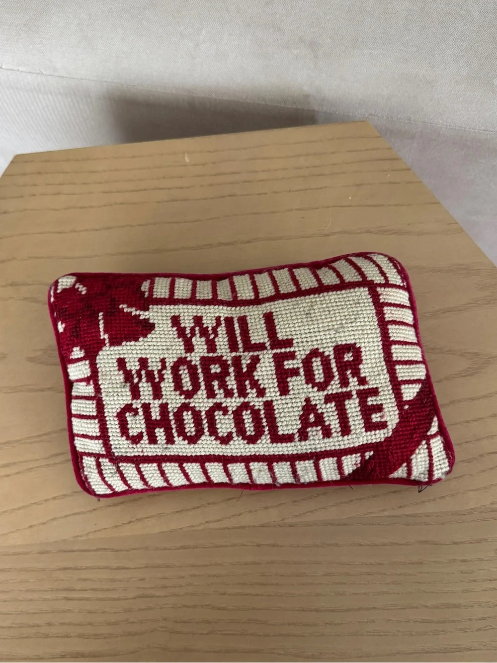 Vintage needlepoint mini pillow funny decorative handmade velvet chocolate